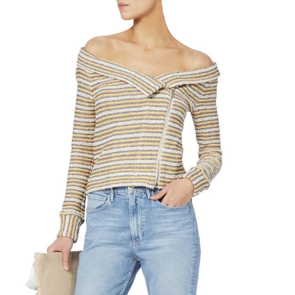 IRO Vana Yellow Blue Striped Off The Shoulder Knit Zipper Moto Jacket Shacket